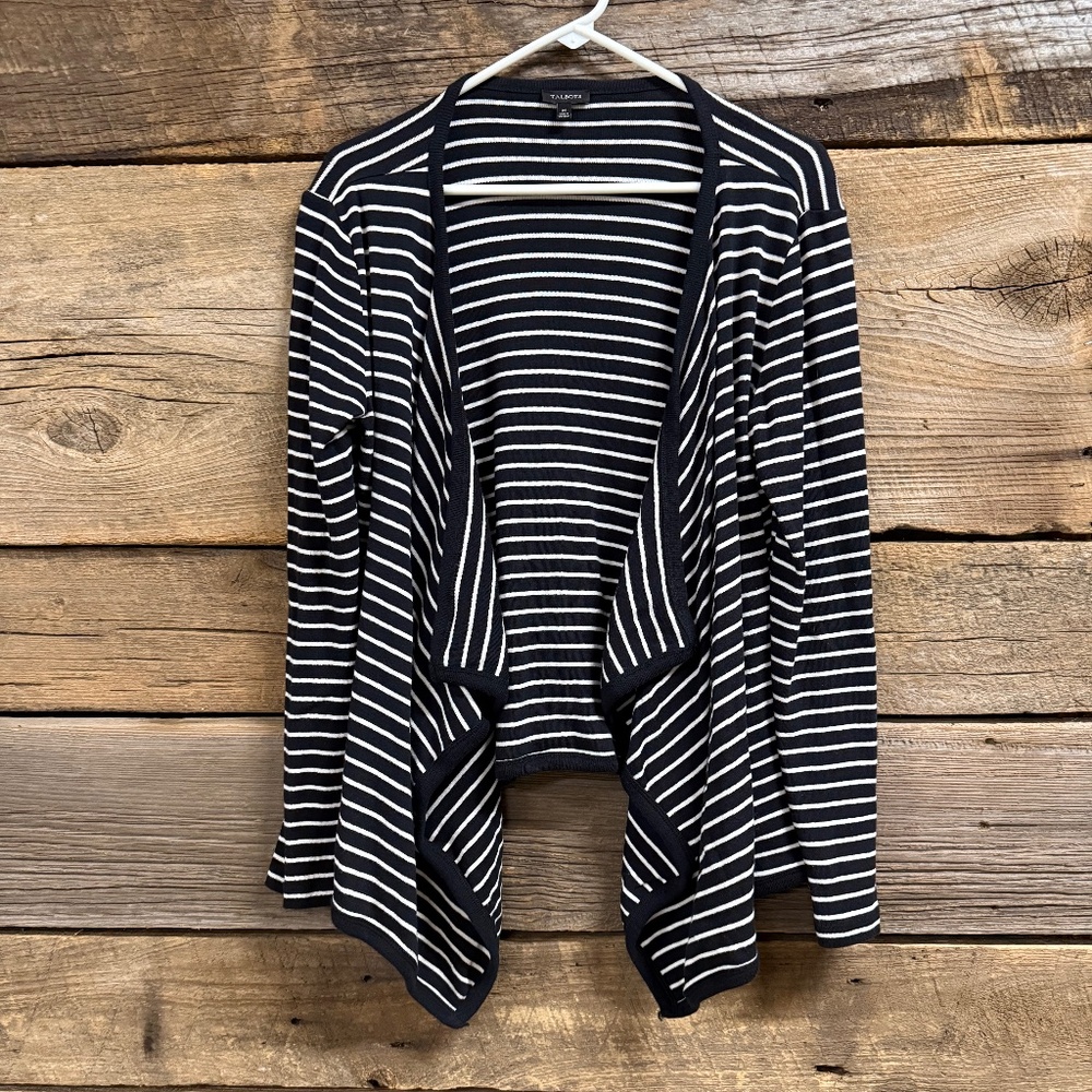 Talbots striped cardigan with waterfall asymmetrical hem, black/white, medium